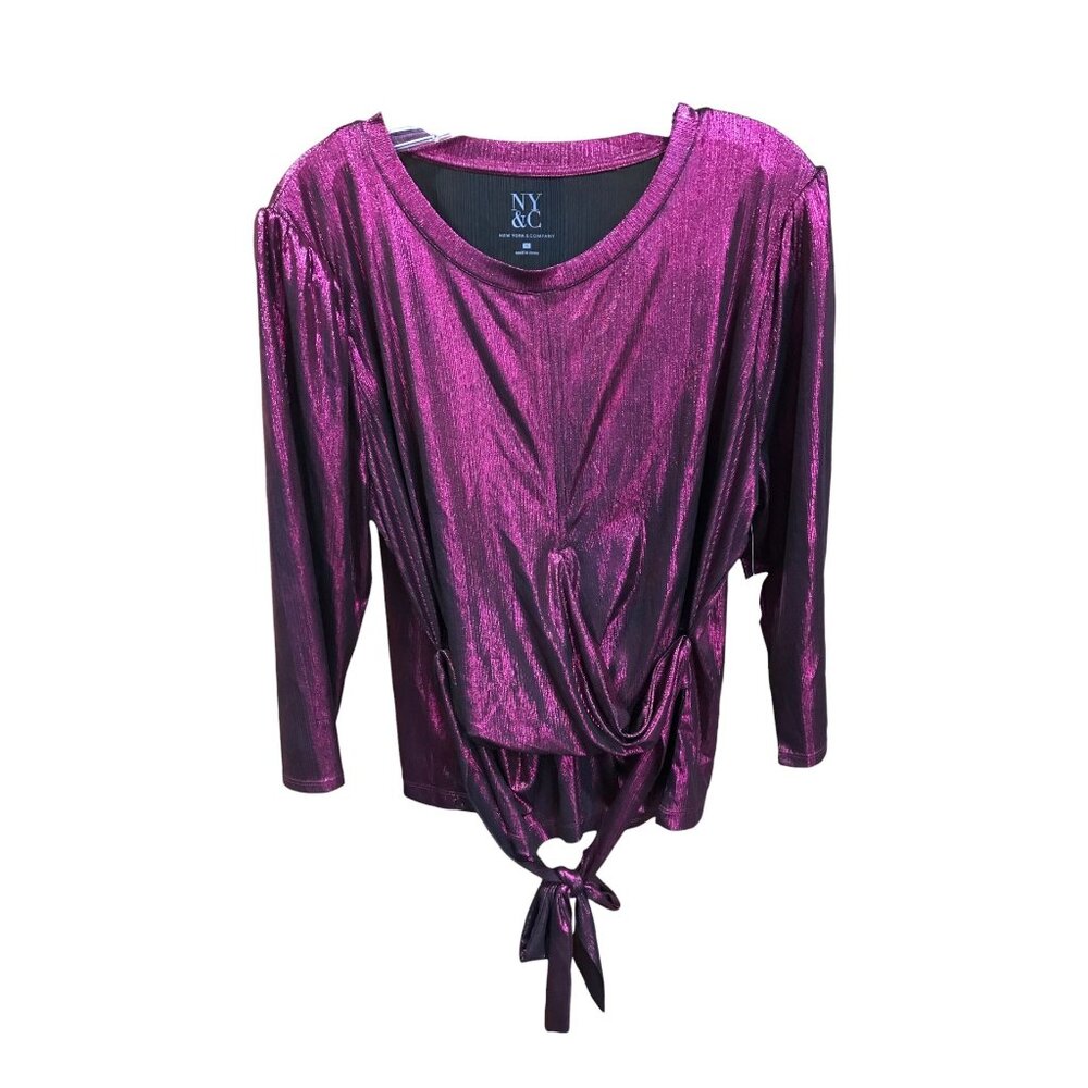 NY & Co Purple Metallic Scope Neck 3/4 length sleeves with matching belt